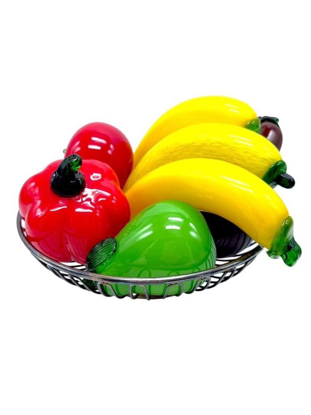 Silver Plated Wire Basket Glass Fruit Bananas Bell Pepper Pears Tomato Eggplant